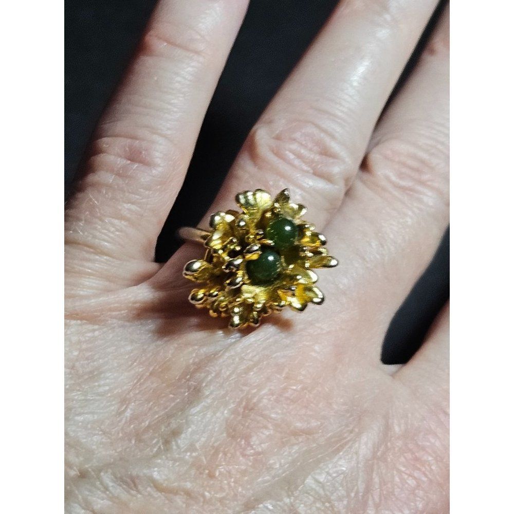 Gold plated green jade antique adjustable ring - Picture 3 of 11